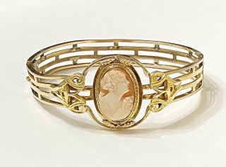 Antique Victorian 12k Gf Gold Filled Carved Shell Cameo Bangle Bracelet