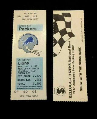 Vintage 1981 Detroit Lions @ Green Bay Packers Full Game Ticket Billy Sims 100,