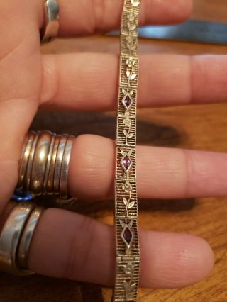Vtg Antique Art Deco Sterling Silver Amethyst Filigree Bracelet 7 "