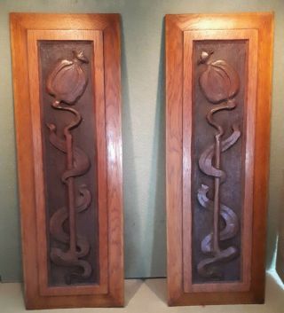 Antique Art Nouveau Hand Carved Solid Oak Panels 51 X 18 Cms
