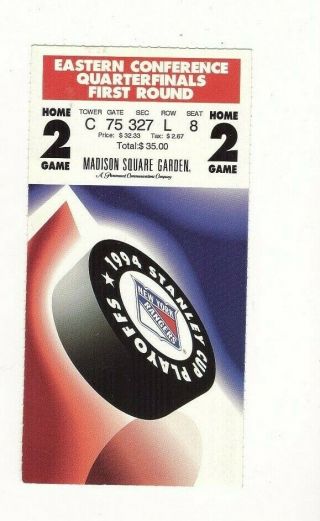 Ny Rangers 1994 Stanley Cup Playoffs Ticket Round 1 Game 2 Vs Islanders 6 - 0 Win