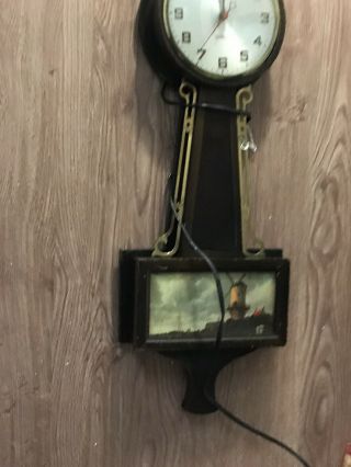 Vintage Gilbert Electric Wooden Banjo Wall Clock Windmill Repair Or Parts
