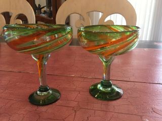 Vintage Set Of 2 Mexican Hand Blown Orange & Green Margarita Glasses 6 3/4”tall