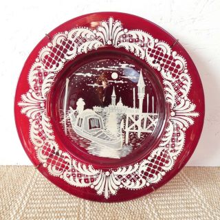 Vintage Antique Venetian Hand Blown Glass Wall Plate Plaque Painted Gondola Red