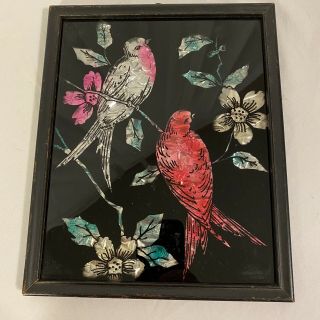 Vintage Foil Art Tropical Bird Flower Silhouette Picture Wall Hanging 8.  5x10.  5