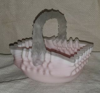 Antique Victorian Mt Washington Pink Satin Art Glass Ruffled Basket Thorn Handle