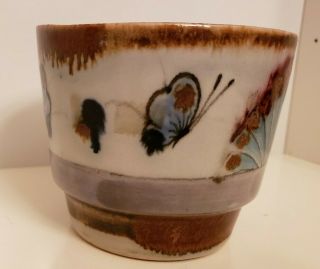 Vintage Drip Glaze Mexico Stoneware Planter Brown With Blue Bird Butterfly
