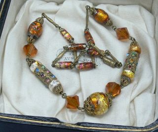 Vintage Antique Art Deco Bohemian Gold & Fire Opal Foil Glass Bead Necklace