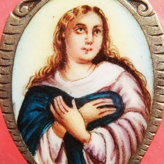 Lovely Blessed Virgin Mary Enamel Silver Medal Antique Religious Spanish Charm