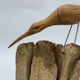 Vintage Shore Bird Drift Wood Carving Figurine Decor Signed Steele 2