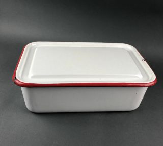Vintage Enamel Refrigerator Ice Box Metal Storage White With Red Trim