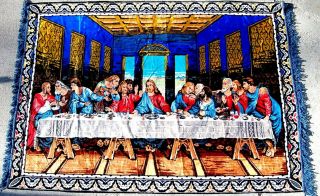 Circa 1930 Huge Italian Da Vinci Last Supper Tapestry Wall Rayon Vintage 67x45 "