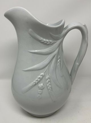 Antique White Ironstone Stone China Pitcher Wheat Imperial Alcock 12” Tall