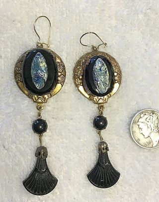 Vintage Art Deco Carved & Tinned Jewels Large Glass Drop Earrings
