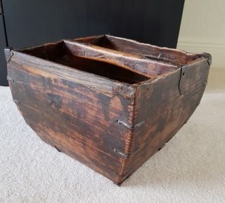 Antique Old Chinese Wood & Metal Grain Rice Carrier Box Large Basket Handmade