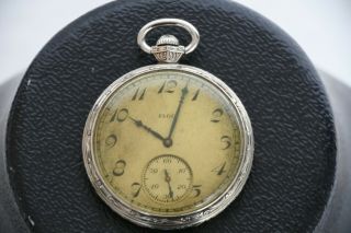 14k White Gold Filled 1924 Antique Elgin 12s 15j Open Face Pocket Watch