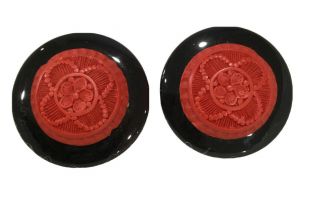 Vintage Chinese Carved Cinnabar On Black Glass Clip On Button Style Earrings