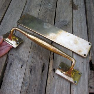Old Large Reclaimed Solid Brass Door Handle Pull And Finger Push Plate 12 "