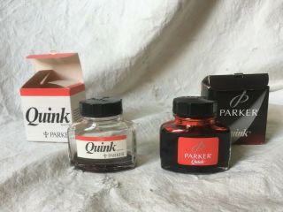 Two Vintage Parker Quink Permanent Red Ink Full Empty 1.  9 2 Fl Oz 57 Cc