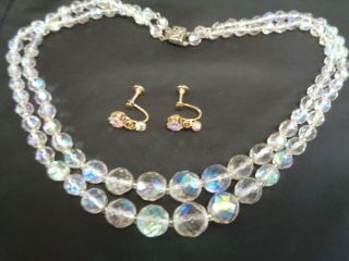 Vintage Multi 2 Strand Aurora Borealis Glass Beaded Necklace & Dangl Ab Earrings