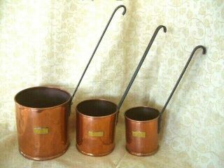 Antique Set 3 Copper Grain Measures With Brass Labels And Wrought Iron Handles