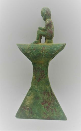Circa 1000 Bce Ancient Luristan Bronze Axe Head With Seated Figure On Top