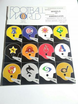 1974 Detroit Wheels Birmingham Americans Wfl Football Program