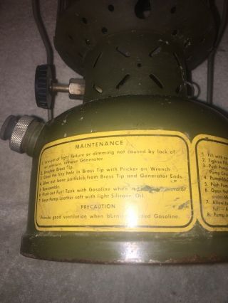 Vintage 1952 COLEMAN Lantern U.  S.  Army Military Gasoline Leaded Fuel Pyrex Globe 2