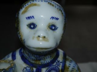 Charming Antique Chinoiserie Blue & White Porcelain Hand Painted Monkey Figurine