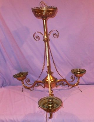 Antique Victorian Rose Gold 3 Arm Hanging Oil Lamp