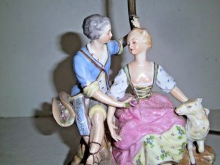 Antique Dresden Porcelain Lamp Courting Couple Figurine Lamb Pastoral Germany