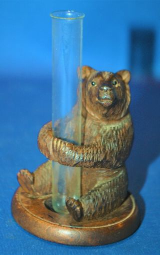 A Well Carved Antique Victorian Black Forest Bear Figure With Glass Posy Vase