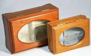 Vtg/Wood Jewelry Boxes/Oval Glass/Hinged Lid/Etched Flowers/BoHo Chic/ 2 2
