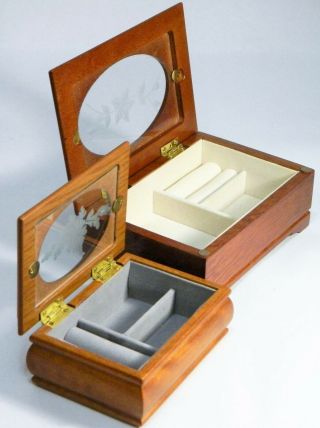 Vtg/Wood Jewelry Boxes/Oval Glass/Hinged Lid/Etched Flowers/BoHo Chic/ 2 3