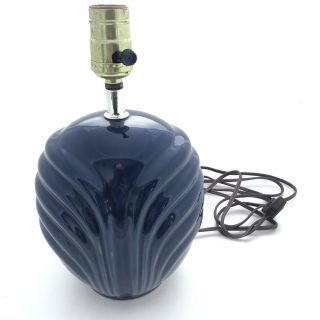 Vintage Mid Century Ceramic Table Lamp Dark/navy Blue Ribbed Curve Round Shape