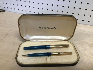 Vintage Waterman’s Pen & Pencil Set In Black Case Gold & Teal