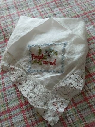 Vintage.  Silk Delicate Sweet Forget Me Not Love Token Handkerchief.  Lace Trimmed