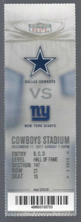 2011 Nfl Ny Giants @ Cowboys Full Football Ticket - Bowl Champs