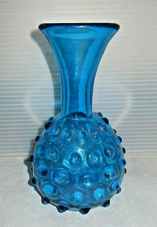 Mid Century Vintage Blue Hobnail Hand Blown Glass Bud Vase Ball Base 7 "