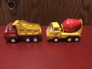 Vintage Tonka Mini Dump Truck And Cement Mixer Red And Yellow 1970’s 5” Long.