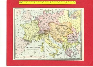 Vintage 1895 Antique Color Map Central Europe Incl German Empire 7.  5 " X 9 "
