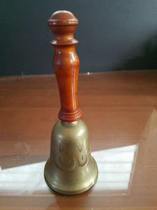 Vintage Engraved Brass Bell With Wood Handle