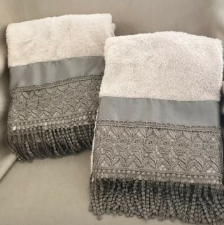 Two (2) Croscill Ivory/sage Green Lacey 3” Fringe Bath Towels 26x50”