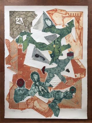 Vintage Embossed Lithograph ‘movement’ Green & Gray Abstract Signed Boni W