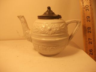 Antique Miniature Salt Glazed Teapot With Moulded Designs 18/19th C.  4 "