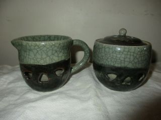 Vintage Japan 3 " Somayaki Crackle Glaze Art Pottery Creamer & Sugar Bowl Set