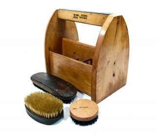 Vintage Wooden Pine Kiwi Shoe Shine / Polish Box / Caddy / With Brushes