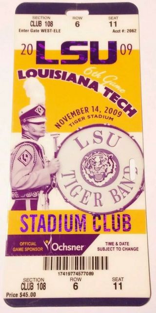 2009 Lsu Tigers Louisiana Tech Plastic Football Club Ticket Stub