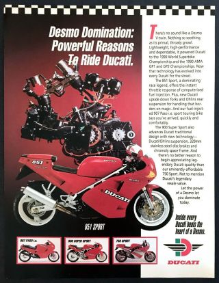 1991 Ducati 851 Sport Motorcycle Photo " Desmo Domination " Vintage Promo Print Ad