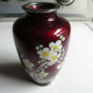 Vintage Small Red Cloisonne Vase 5 " Tall Enamel On White Metal